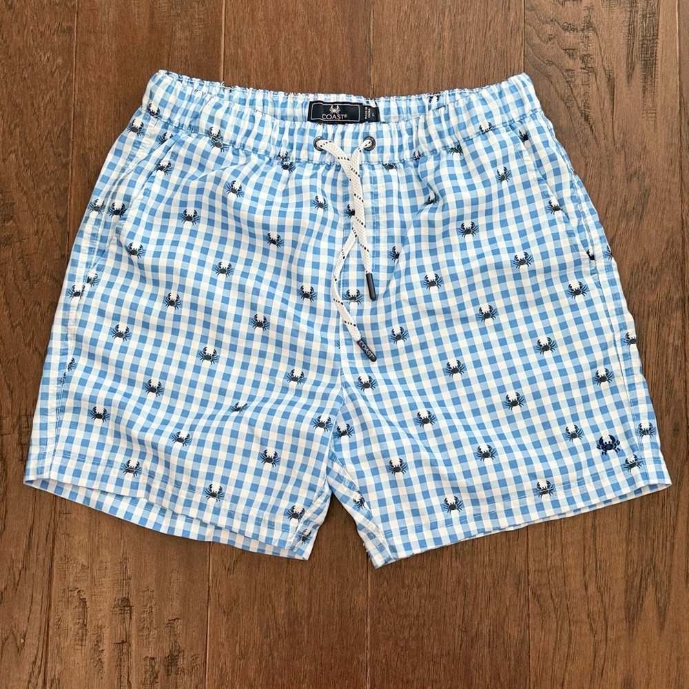 Blue and White Gingham Crab Swim Trunks by Coast